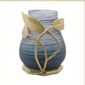 Luxury Blue Glass Vase with Golden Leaf Stand