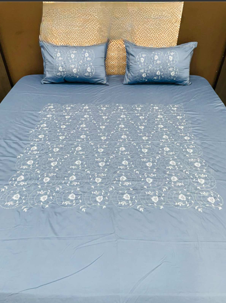 Blue Floral Embroidered Bedsheet Set