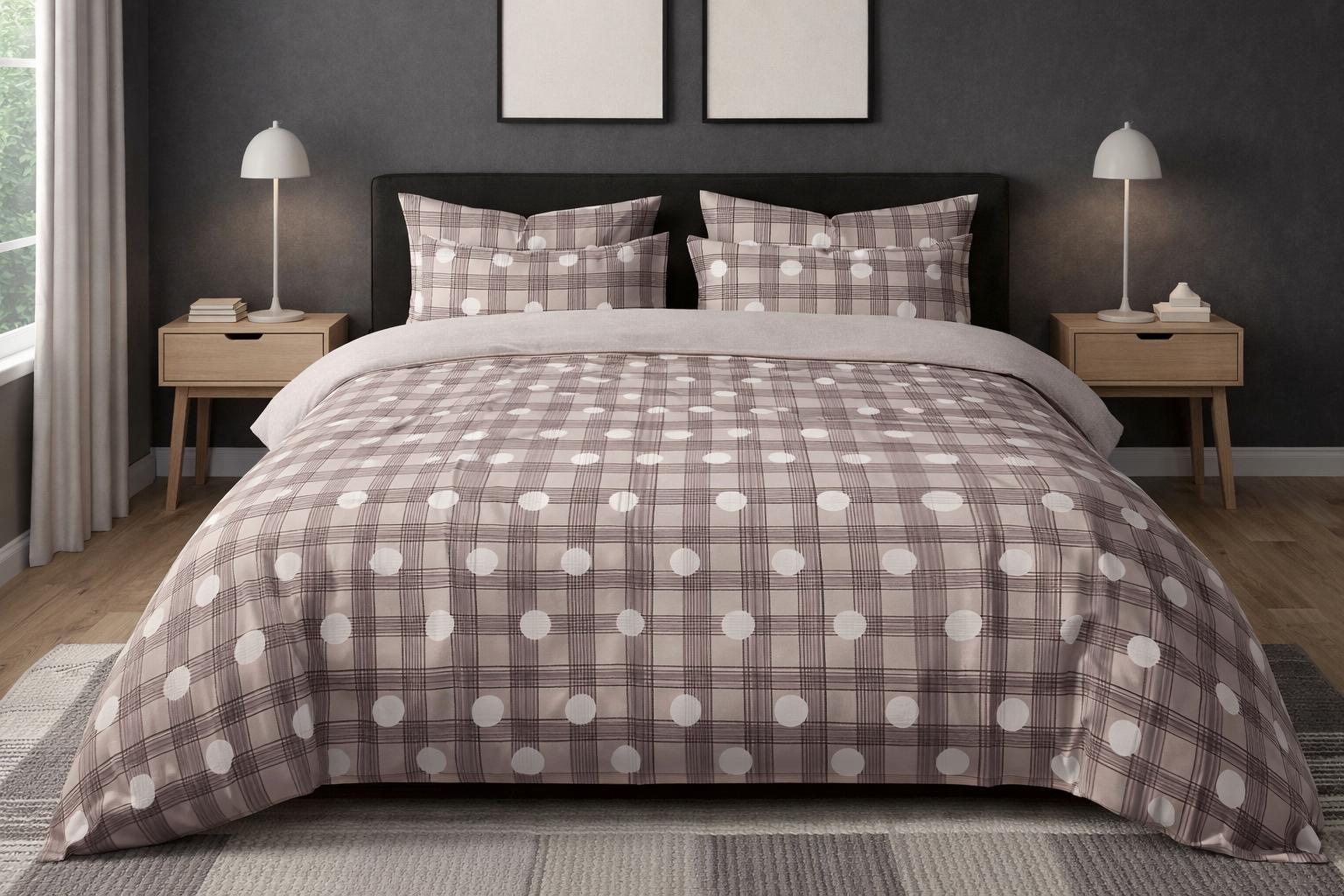 100% Cotton Check with Polka Dot Print Double Bedsheet Set with 2 Pillow Covers