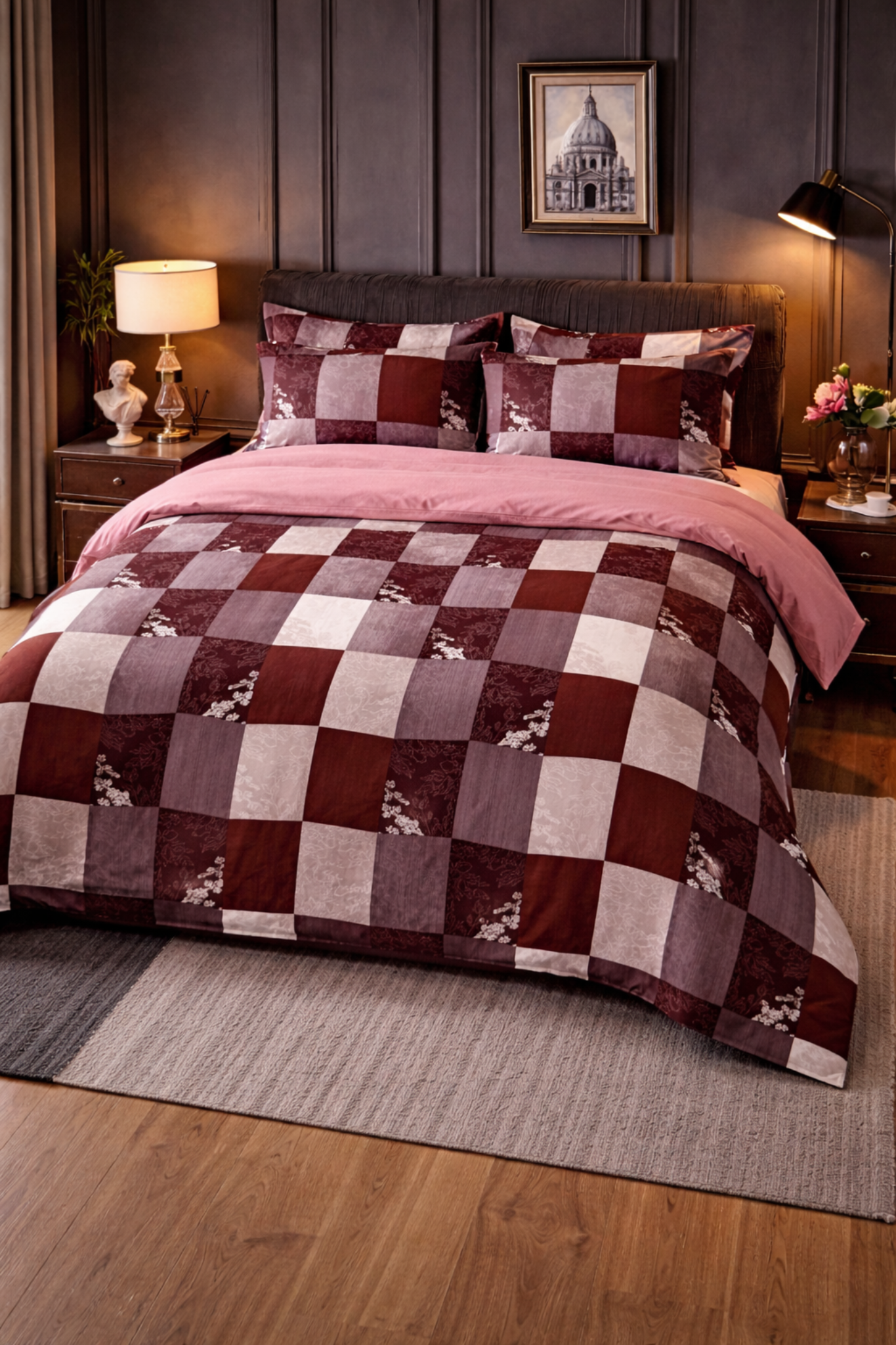 100% Cotton Check Print Double Bedsheet Set with 2 Pillow Covers