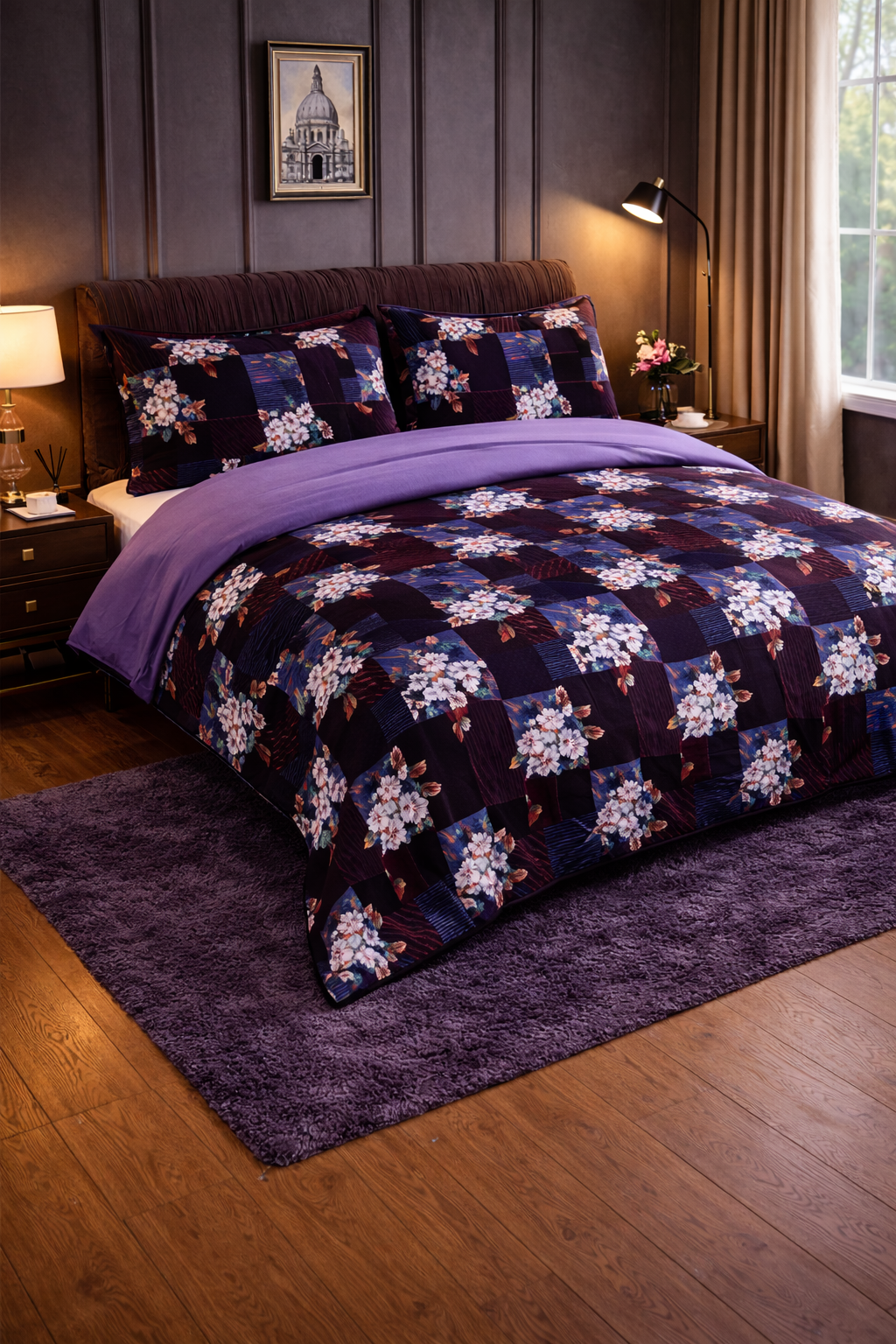 100% Cotton Floral Checkered Print Double Bedsheet Set with 2 Pillow Covers