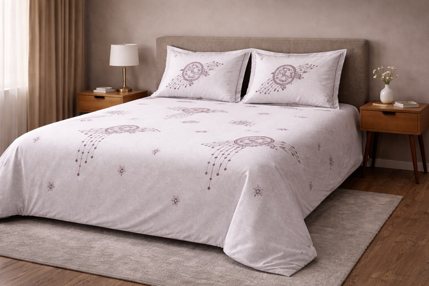 100% Cotton Printed Grey Double Bedsheet with 2 Pillow Covers