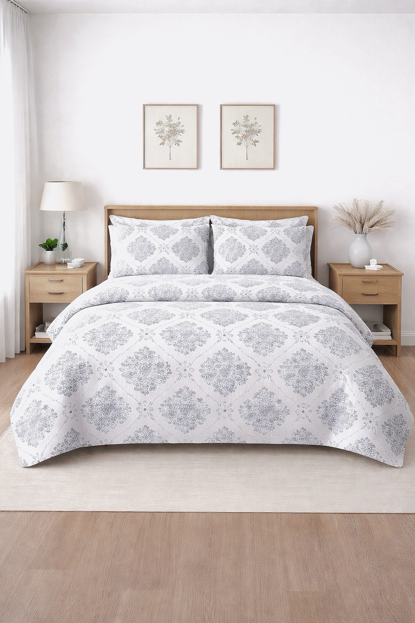 100% Pure Cotton Elegant Floral Geometric Print Double Bedsheet Set with 2 Pillow Covers